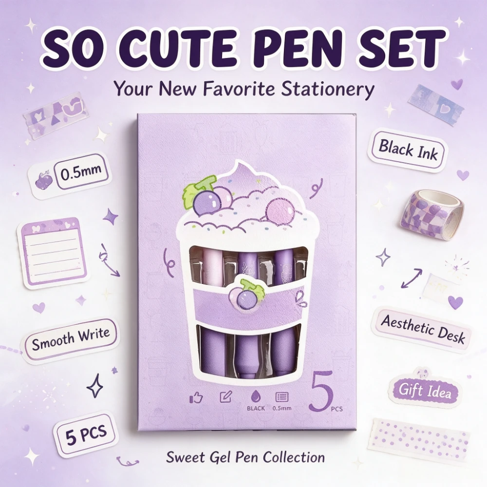 5-Pack Gel Pens, Cute Retractable 0.5mm Fine Tip Ink, Soft Sponge Grip,  Smooth Fast-Drying Ink, Ideal for Students