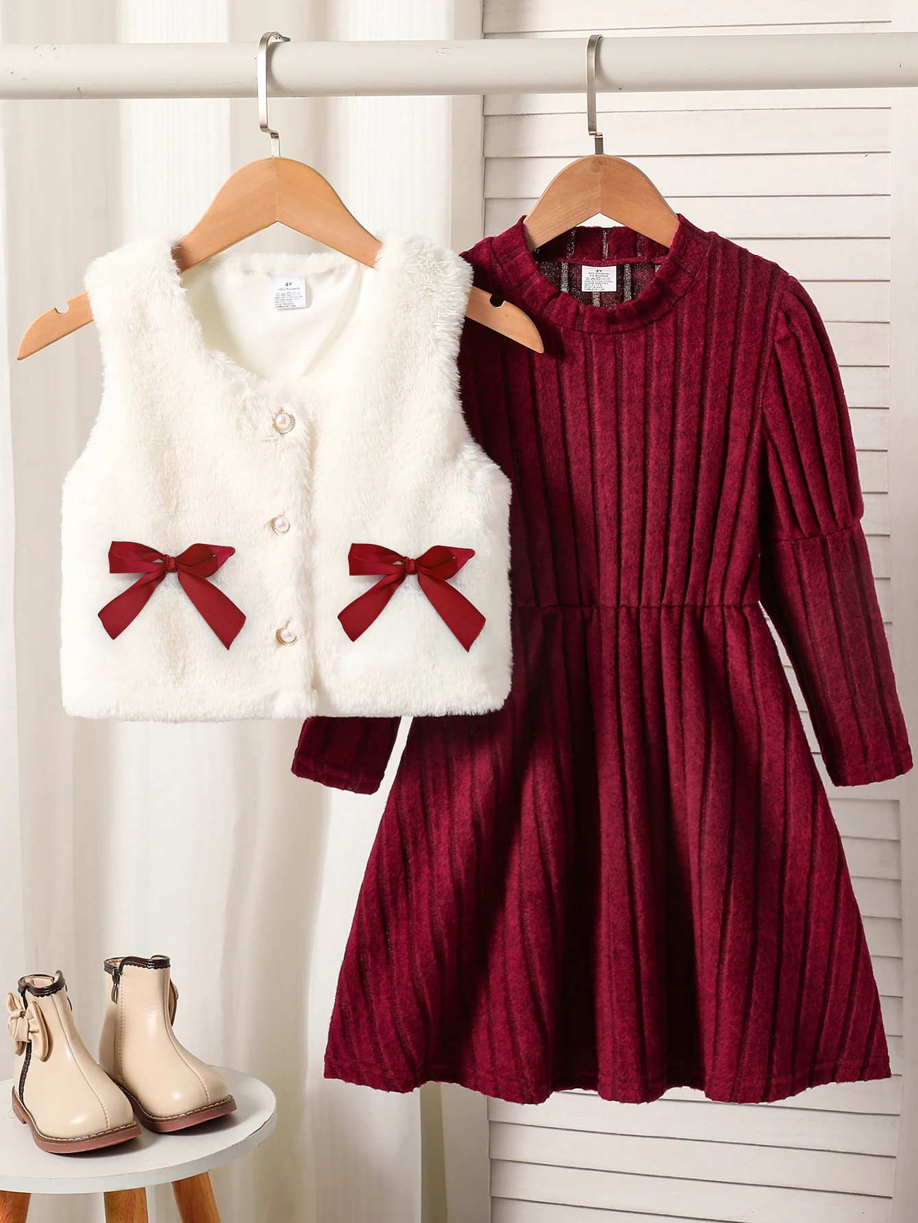 Soft Faux Fur Bow Vest Wine Red Rib Knit Dress 2Pcs Girls Autumn Winter Outfit Festive Birthday Party Princess Set