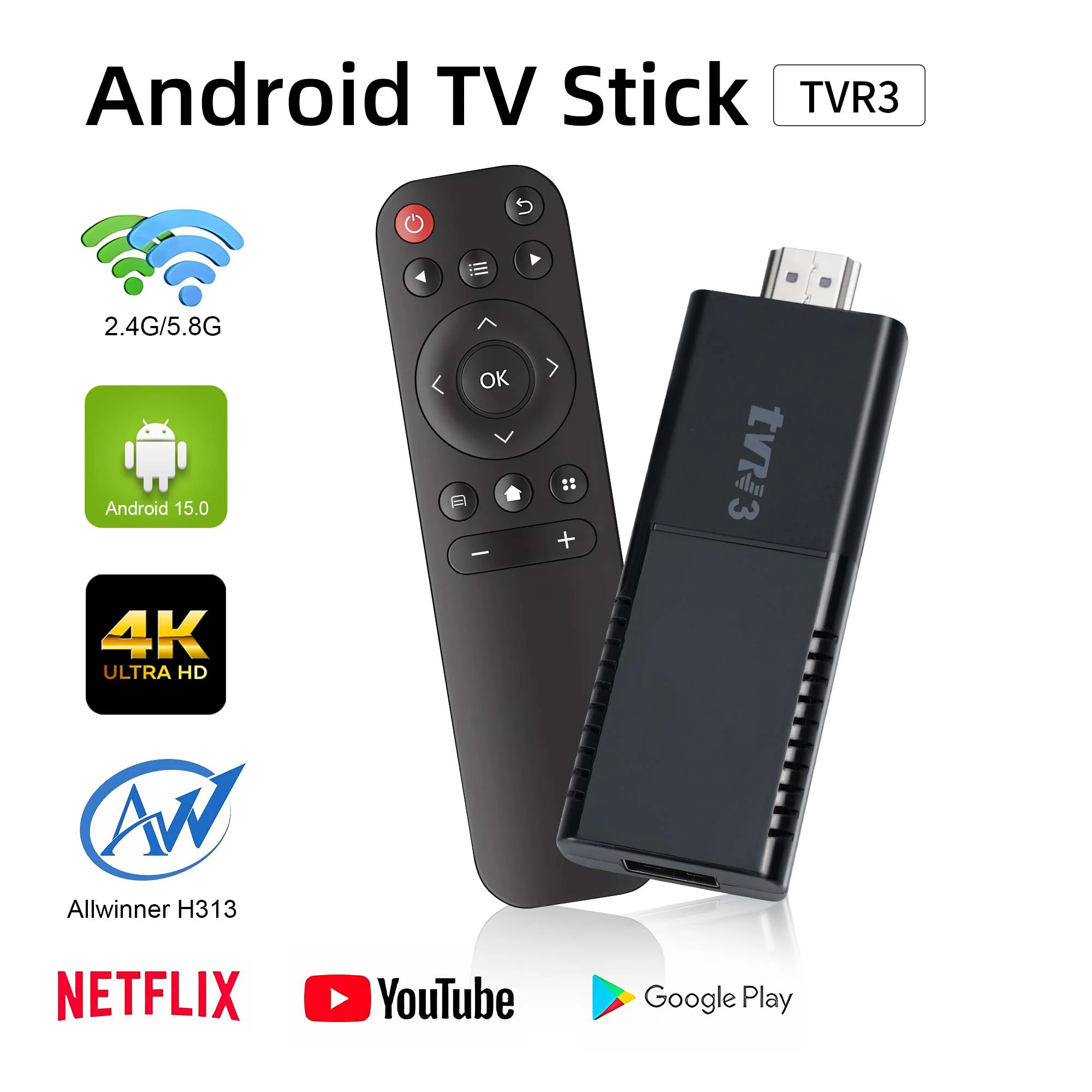 Android TV Stick TVR3  Free Live TV Home Theater Streaming TV stick 4K@60fps HDR Allwinner H313 2.4G5G WIFI Netflix YouTube