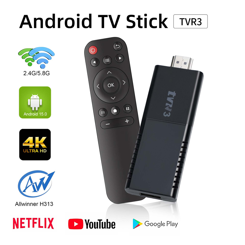  Android TV Stick TVR3  Free Live TV Home Theater Streaming TV stick 4K@60fps HDR Allwinner H313 2.4G5G WIFI Netflix YouTube 