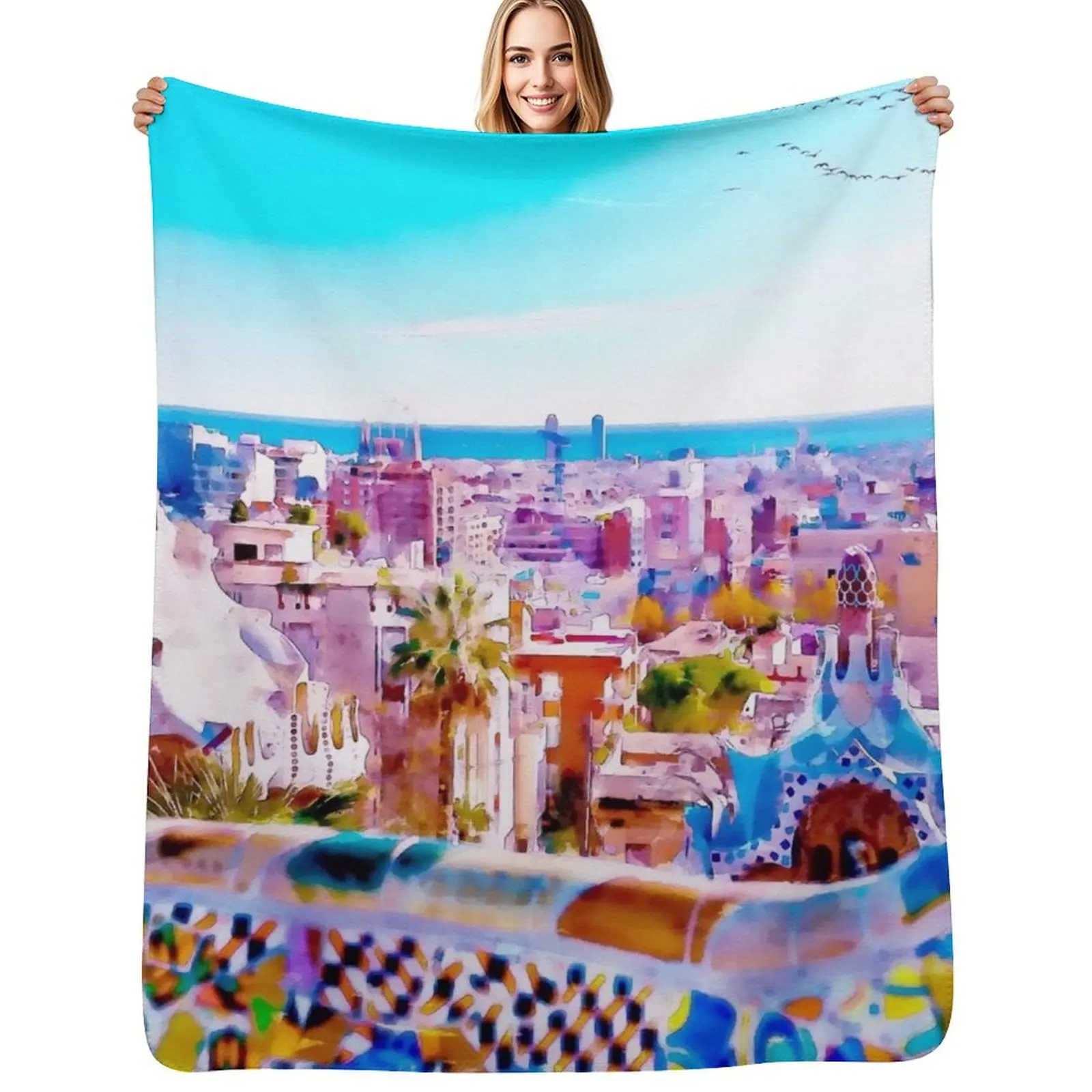 

Park Guell Watercolor painting Throw Blanket Thermal Decoratives Decorative Sofas bed plaid Blankets