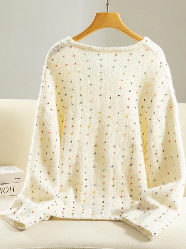 เสื้อสเวตเตอร์ถักทรงวีสไตล์เรโทรสำหรับผู้หญิง ฤดูใบไม้ร่วง ฤดูหนาว ลายจุดใหม่ ดีไซน์ลำลอง แฟชั่นสำหรับใส่ไปทำงาน ทรงหลวม ยาว...