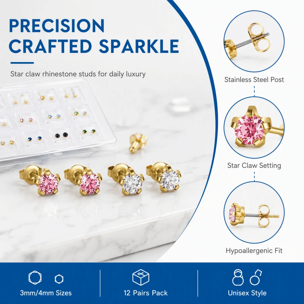3mm/4mm TOP Ear Piercing Tool Kit Stars Stainless Steel Rhinestone Stud Earrings Minimalist Rhinestone Inlay Ear Piercing Tool