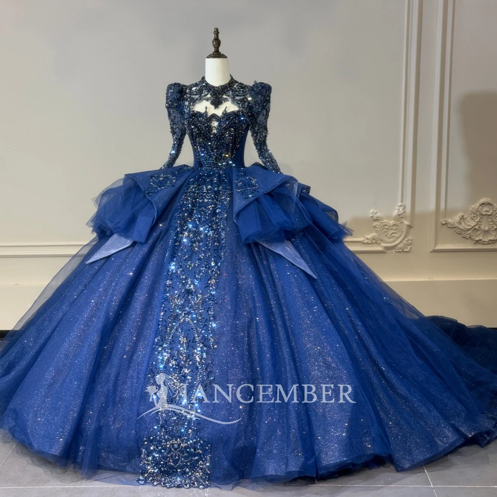 Romantic Royal Blue Ball Gown Customized 2 in 1 Detachable Quinceanera Dresses High Neck Embroidery vestidos de fiesta elegantes