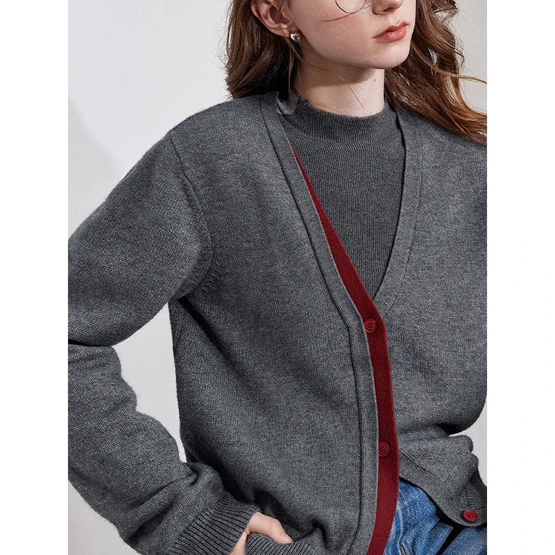 TOYOUTH Women Knitted Cardigan 2024 Autumn and Winter New Two Piece Color Contrasting Splicing V-neck Sweater Warm Tops