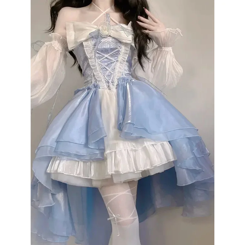 

French Romantic Style Lolita Op Elegant Girl Cosplay Princess Puff Sleeve Ribbon Bowknot Flower Tunic Mesh Fantastic Fairy Dress