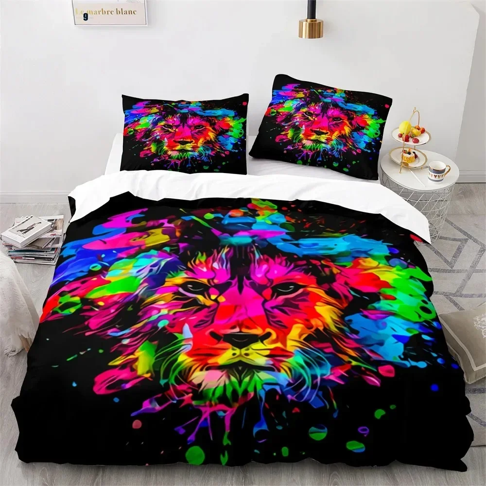 Lion Duvet Cover Set 3D Print Wild Animals Colourful King Queen Size for Kids Teens Adults Bedding Set Polyester Comforter Cover