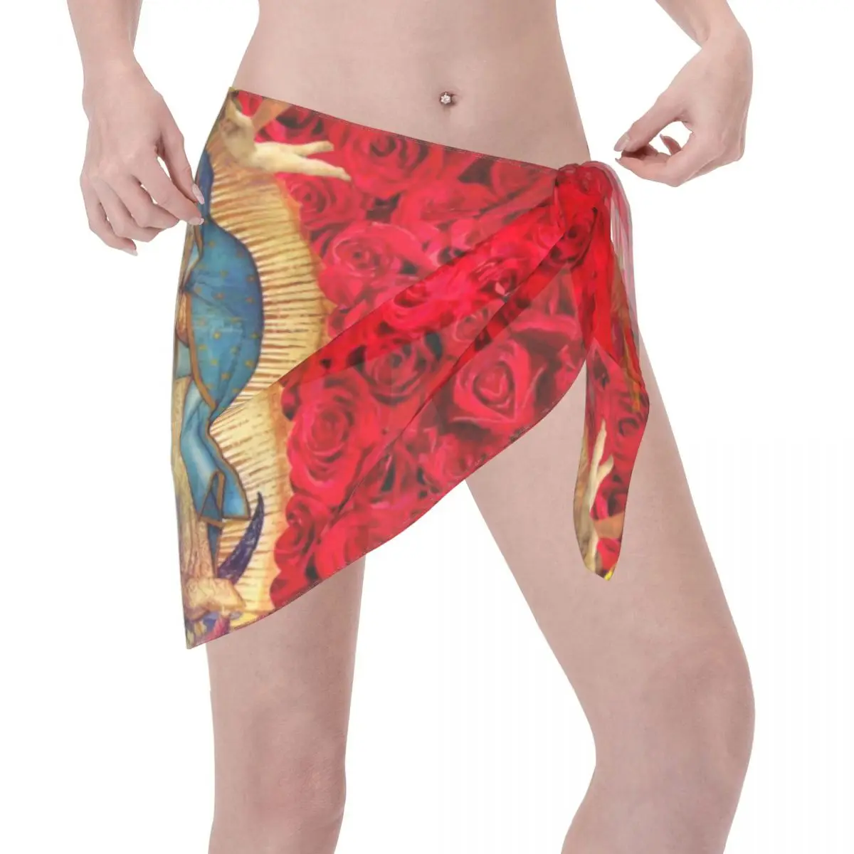 Sarongs courts personnalisés vierge marie avec fleurs pour femmes, enveloppe de plage, Bikini, Sarongs catholiques, Cover-up pour maillot de bain