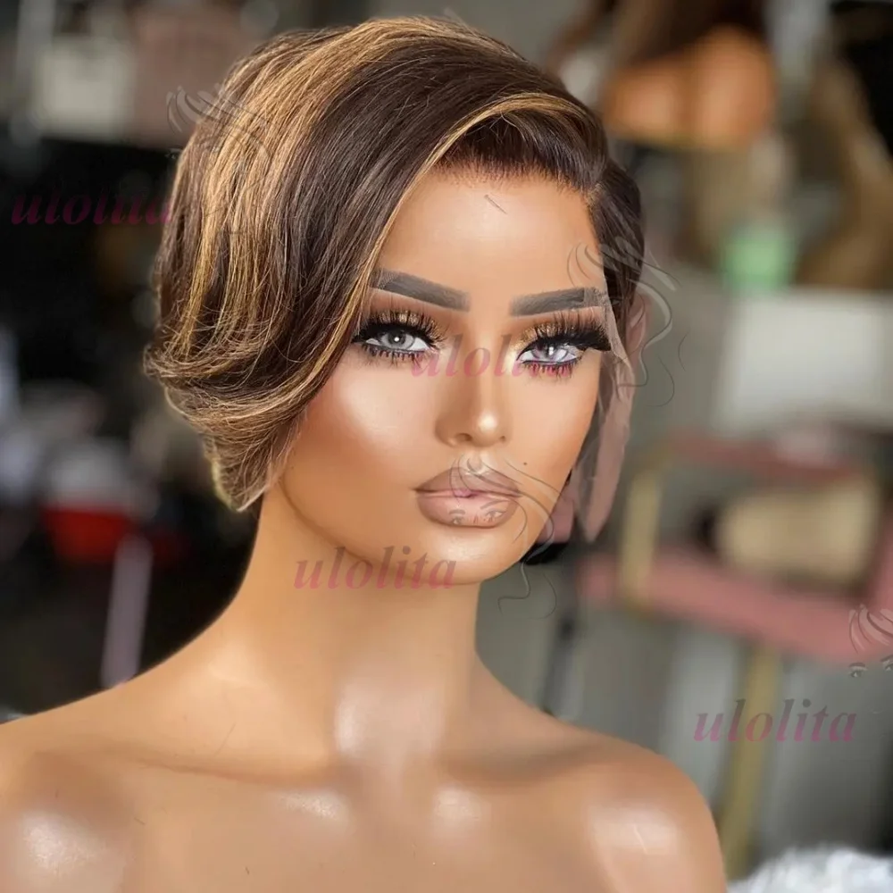 Ombre Braun T1B30 Echthaar-Perücken für Frauen, Knochenglatte Bob-Perücke, Remy T-Part Transparente Spitze, Natürlich Vorgezupfter Pixie-Schnitt – Detail 22