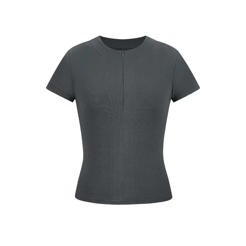 

Women's Charcoal Grey Fitted Top - Crew Neck with Front Zip Short Sleeves