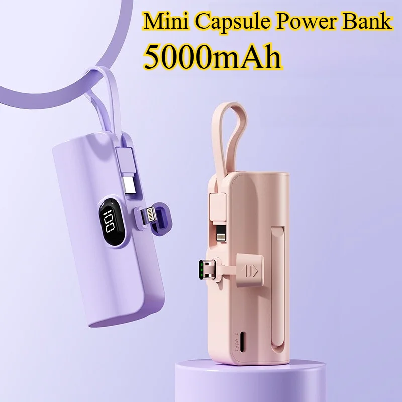 

Мини-капсульный аккумулятор емкостью 5000 мАч с цифровым дисплеем Компактное портативное зарядное устройство со встроенным кабелем Аварийное питание со светодиодным экраном
