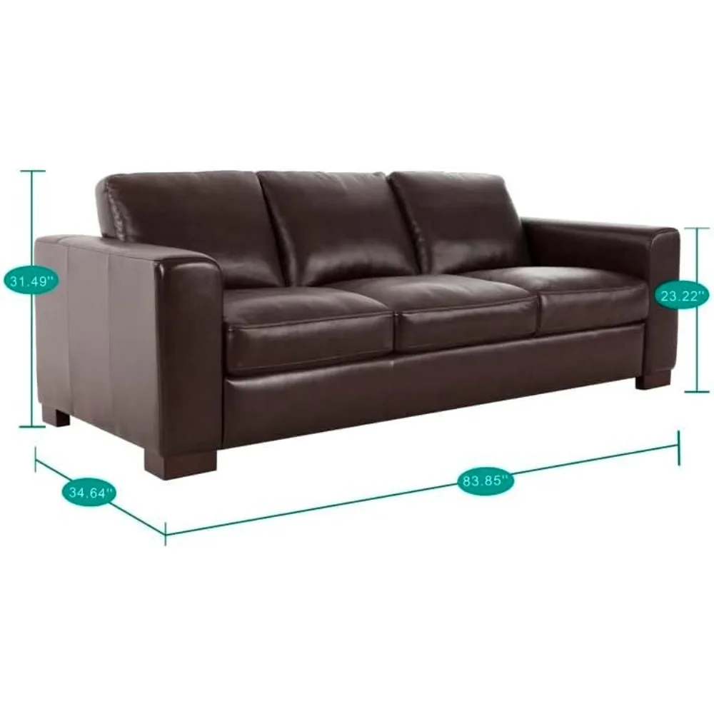 Genuine Leather Sofa, Goose Feather Cushion Filling, Square Arm Design, Sturdy Block Legs, Sofe