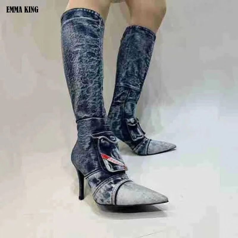 

Denim Pocket Knee High Boots Retro Pointy Toe Stiletto Heels Thin Boots Women Sexy Shoes Zipper New Designer Runway Casual Shoes