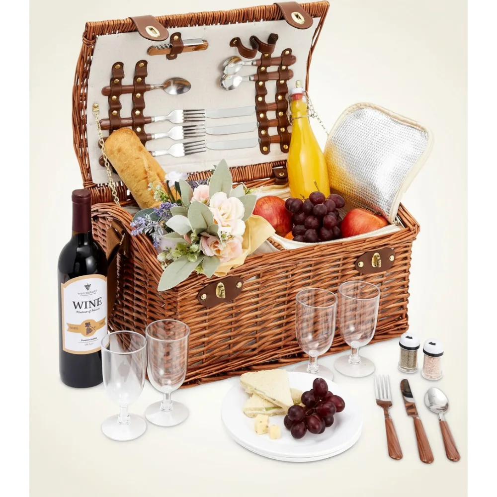 

Classic Wicker Picnic Basket Set for 4 - Complete with Cooler Bag, Dishes & Utensils | Family Outdoor Dining
