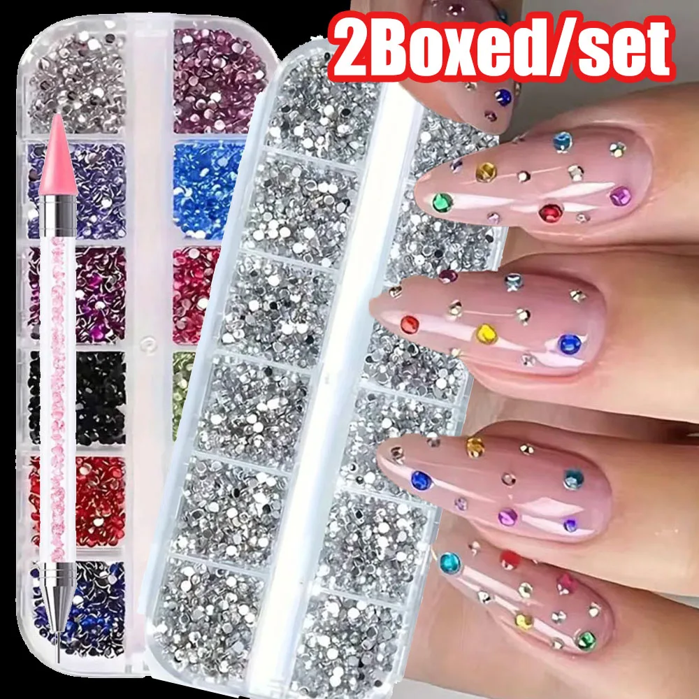 

3 шт./комплект (2 коробочки круглый бриллиант + 1 ручка) рождественские стразы для дизайна ногтей красочные и прозрачные блестящие кристаллы для ногтей с плоской задней частью маникюрный бриллиант