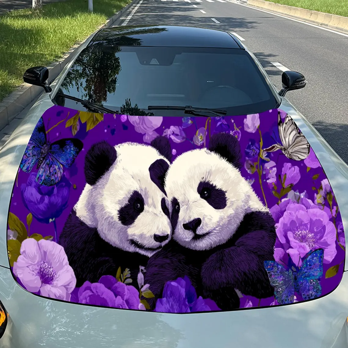 

Очаровательная пара панды в цветочной сцене, виниловые обертывания на капоте двигателя автомобиля из ПВХ, самоклеящаяся водонепроницаемая наклейка на капот автомобиля, Car De