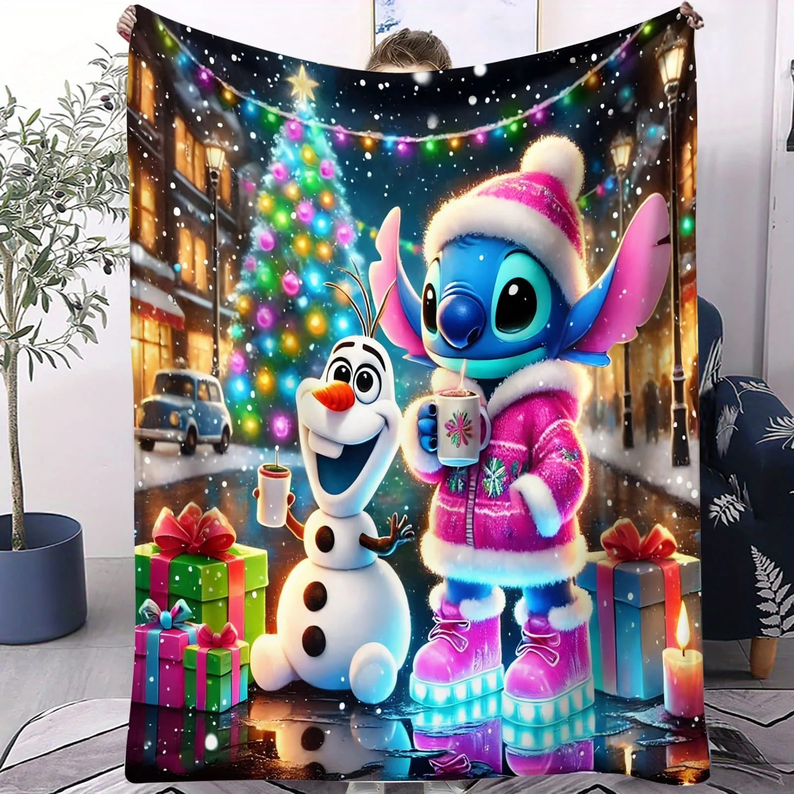 

Christmas Stitch & Olaf Fleece Blanket - Festive Soft Throw for Living Room Holiday Decor Perfect Gift for Fans Valentine's Day