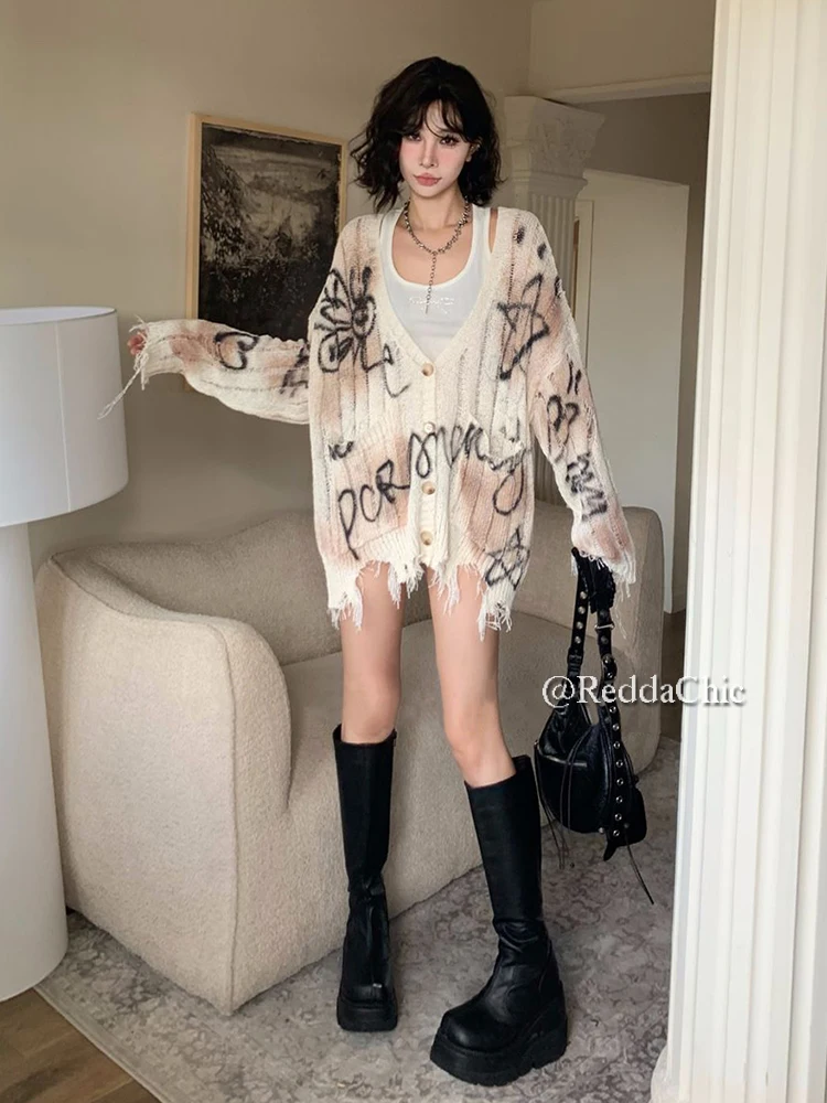 ReddaChic Tassels Hem Graffiti Cardigan Sweater Women V-neck Long Sleeves Pockets Casual Hollow Oversize Coat Vintage Knitwear