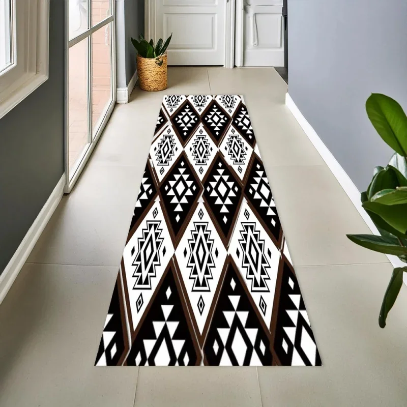 Long Black White Runner Area Rug Carpet, Non Slip Floor Mat, Modern Geometric Tribal Print Washable Kitchen Rug