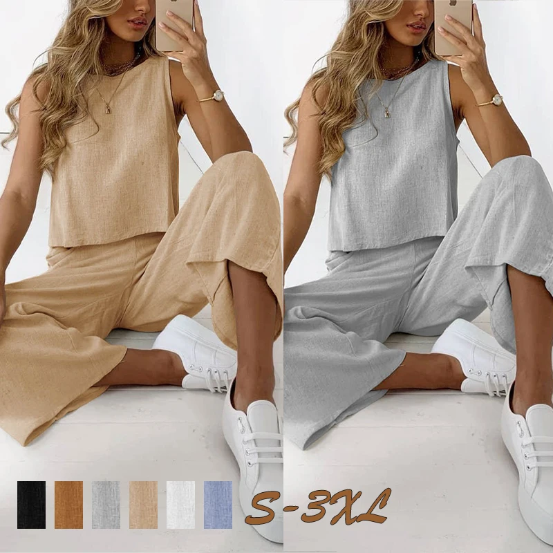 Sleeveless Minimalism Cotton Linen Vest Women's Suits Summer Fashion Loose Blouse Wide Leg Pants Two Piece Set Casual Outfits