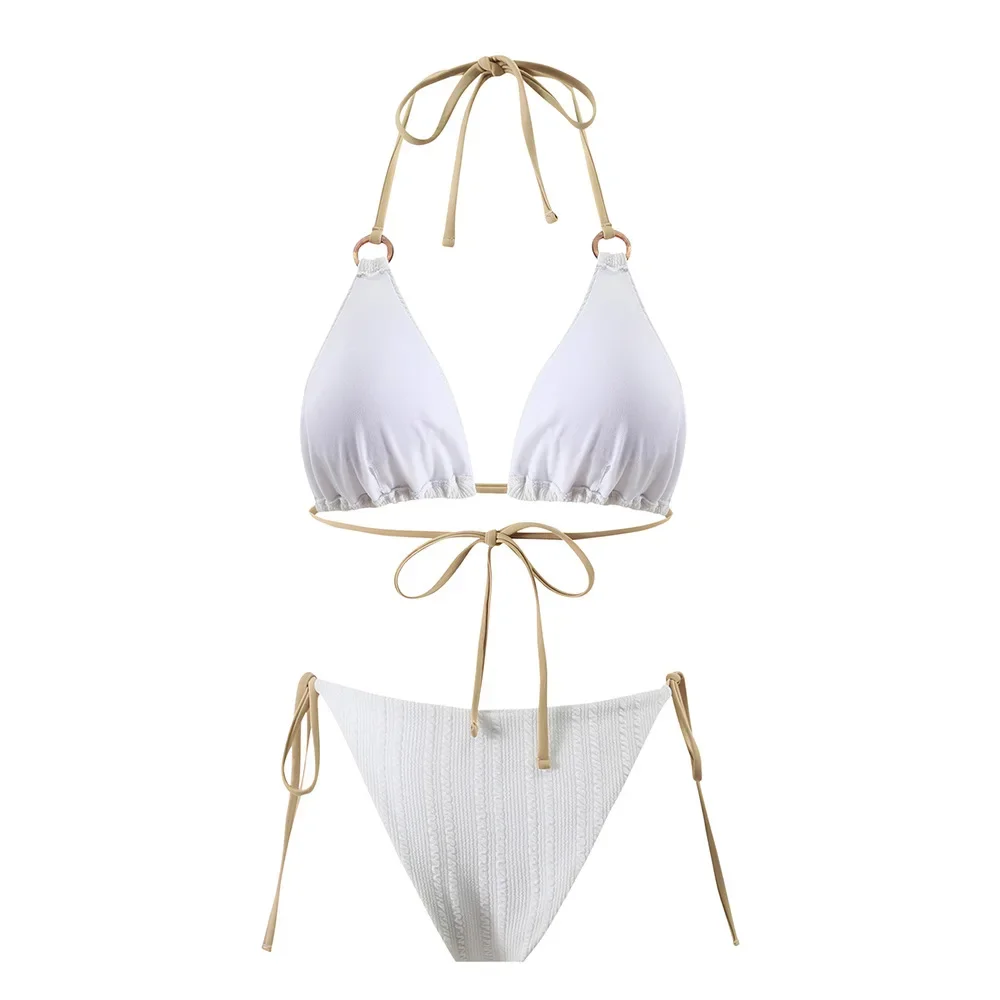 Maillot de bain blanc sexy pour femmes, micro, bikini, tanga, ensemble deux pièces, style brésilien, vêtements de plage, avec anneau imbibé, 2024