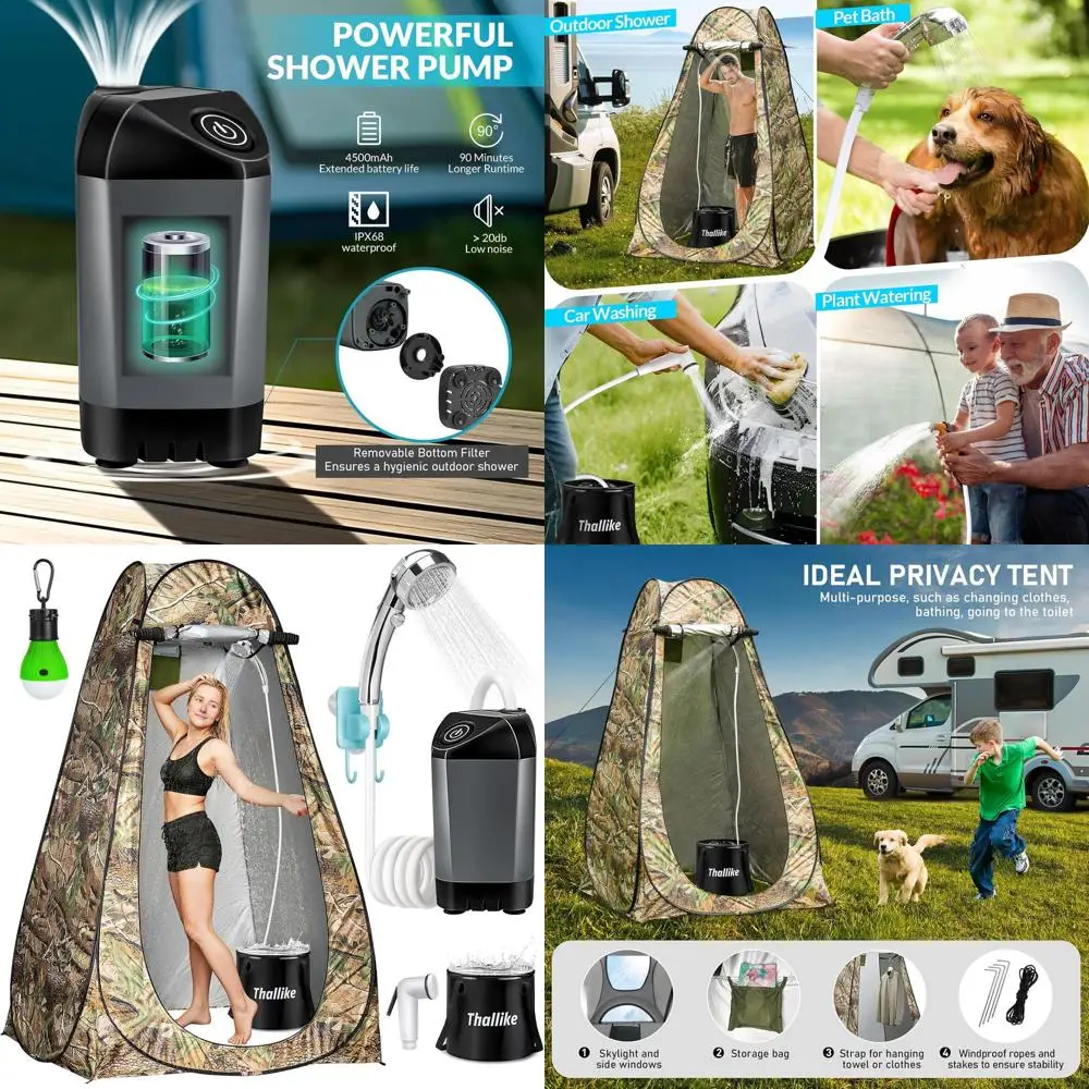 

Portable Outdoor Shower Tent with LED Lights, Rechargeable Pump, Filtered Head, and Foldable Bucket for Hiking, Beach, Travel