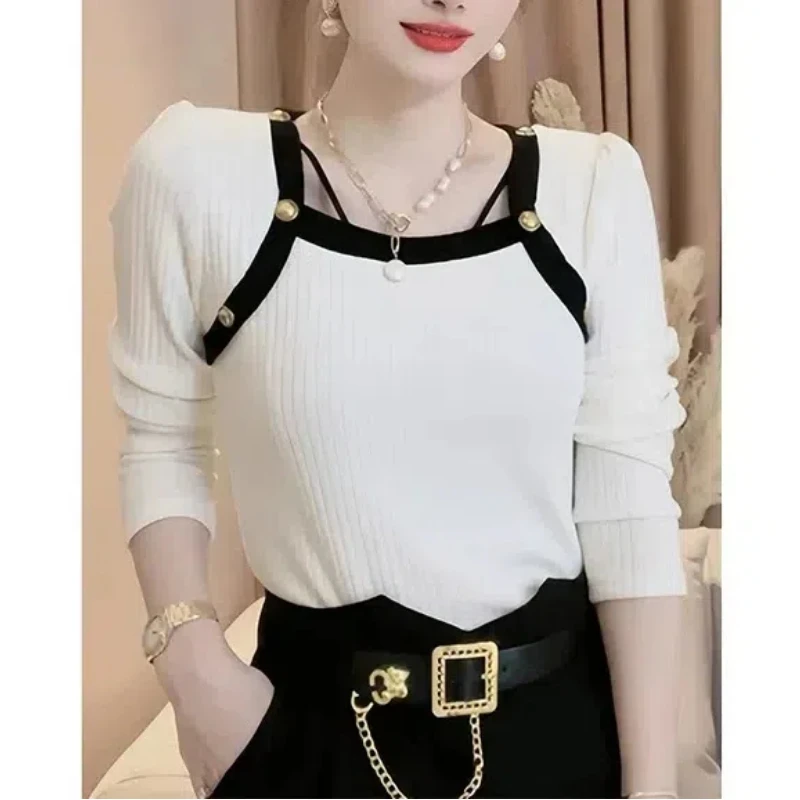 2024 French Unique Square Collar Ping Se Hottie Waistcoat Long Sleeve Knitting Shirt Women's Autumn and Winter All-match Tops