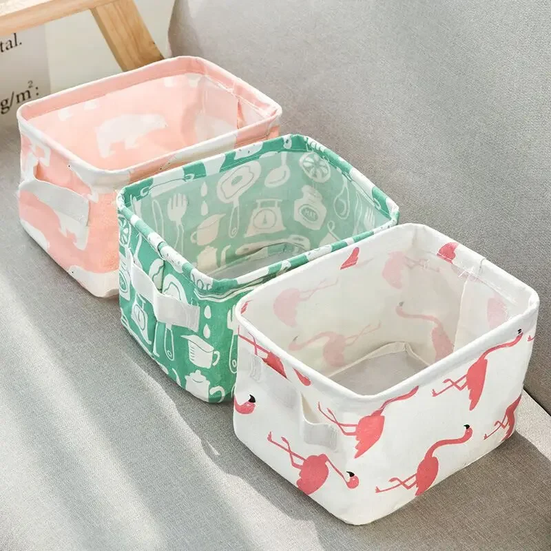 Cartoon Desktop Storage Basket Cute Flamingo Waterproof Organizer Cotton Linen Sundries Storage Box Cabinet Underwear Bag