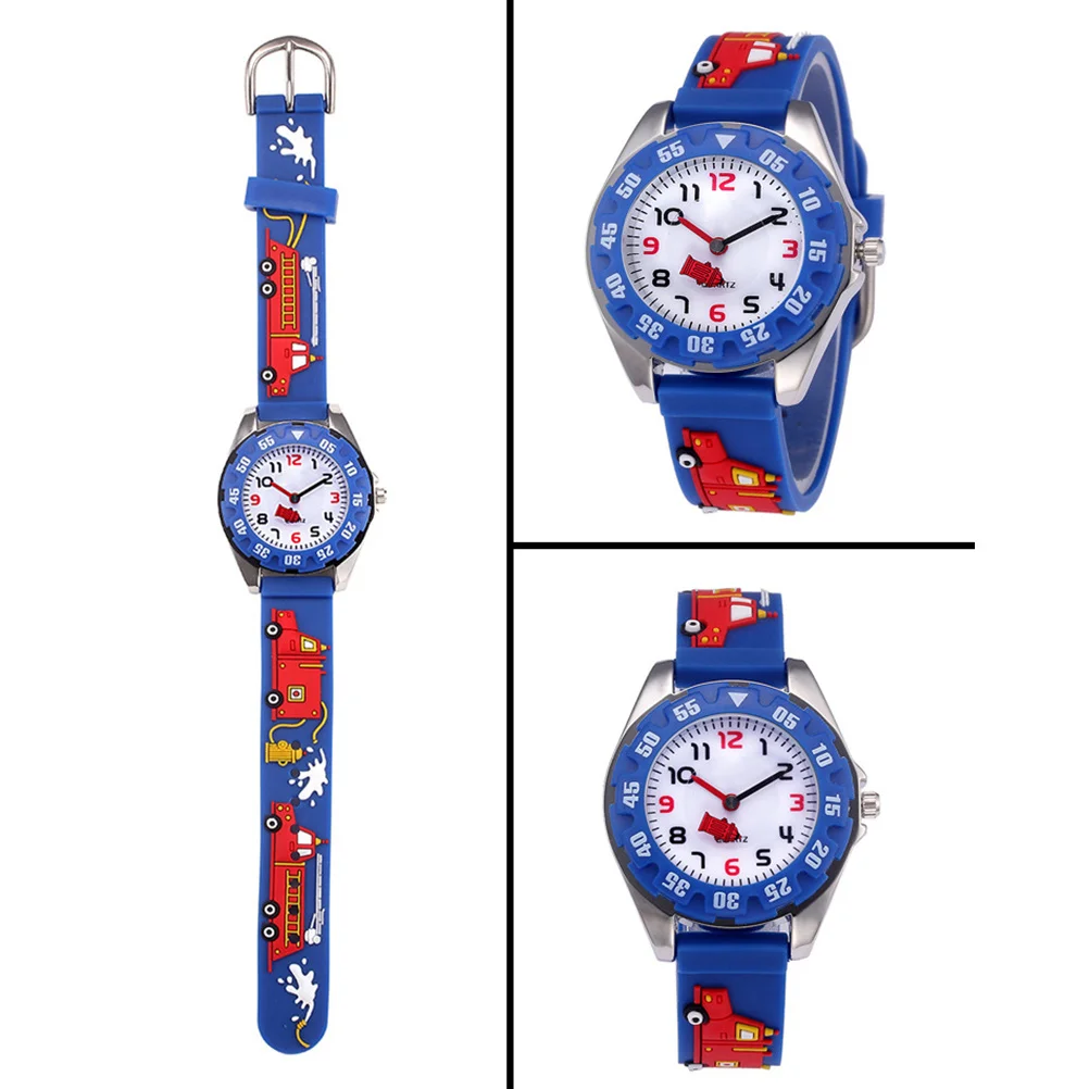 Blue 3D Cartoon Quartz Watch Waterproof Rubber Strap Fire Fighting Truck Theme Large Round Dial Time Clock for