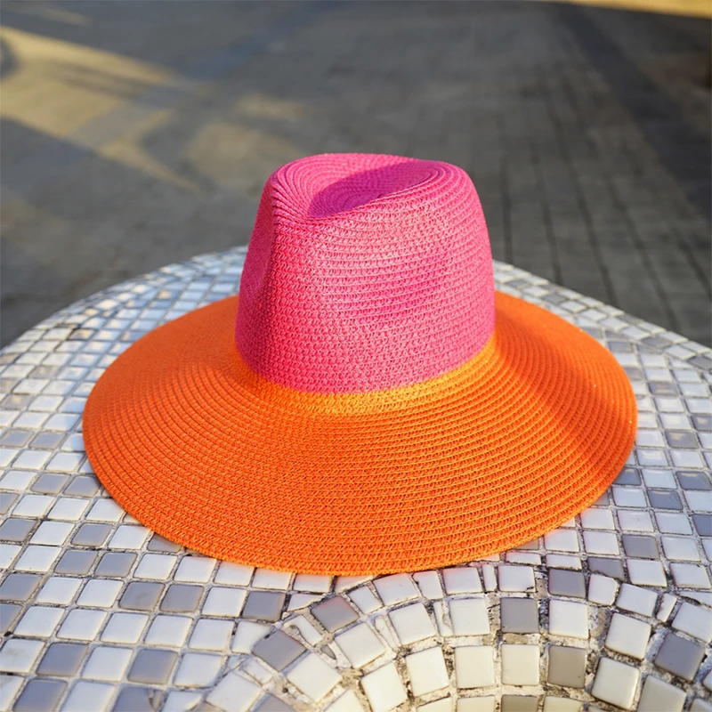 Wide Brim Hot Pink Orange Patchwork Straw Hats Flat Top  display picture 2