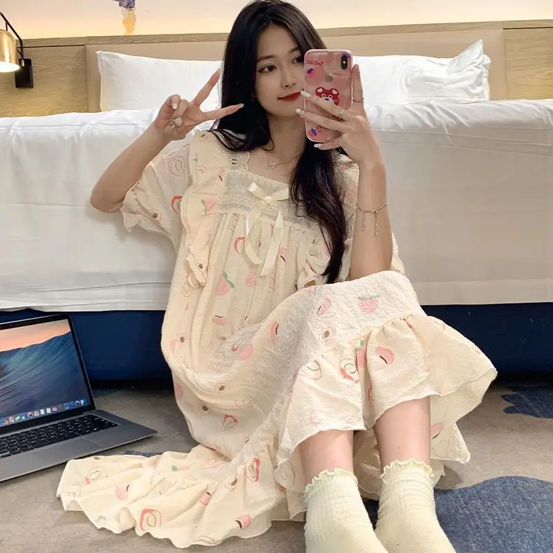 2024 New Princess Style Women Pajamas Female Short Sleeves Long Nighties Girl Cartoon Print Lace Trim Bow Ruffles Home Dress 2XL