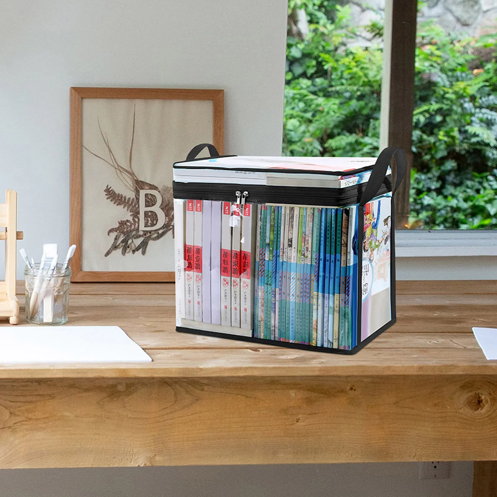 

2Pcs Clear Book Storage Organizer Box PVC Collapsible Display Case with Lid Handle Transparent Document Bag for Books Classroom
