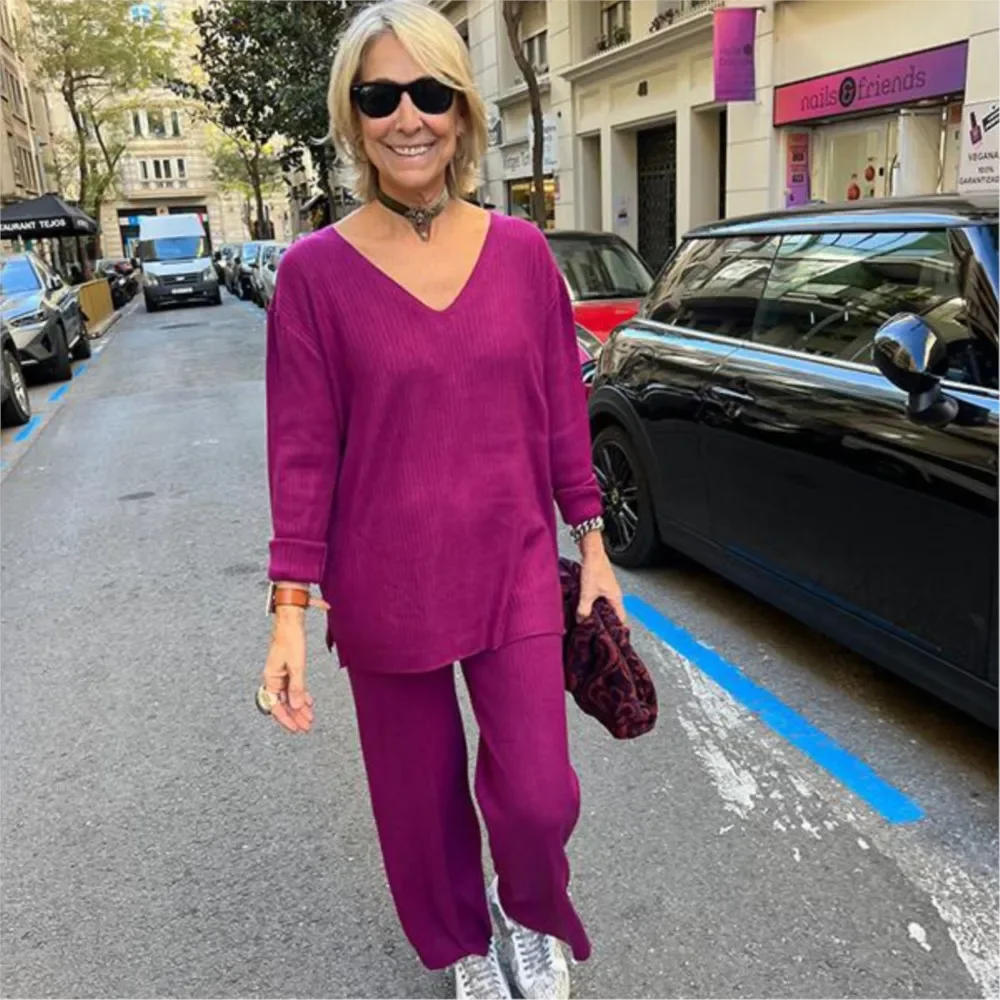 

CPSYMYM V Neck Long Sleeve Solid Color Long Sleeve Knitted T Shirt Women's Suit Autumn Winter Fashion Casual Female Pants 2 Pie