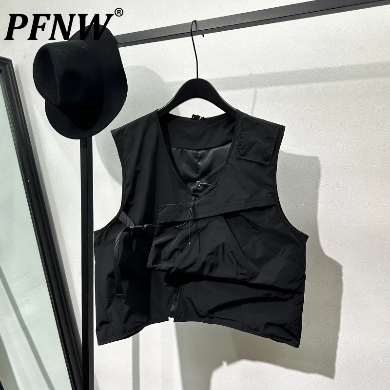 

PFNW Men's Tank Tops Multi-Pocket Waistcoat V-neck Sleeveless Zippers Functional Style Irregular Summer Male Vest Chic 21Z4893