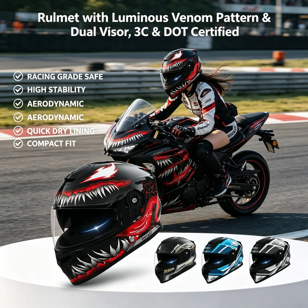 Motorradhelm mit Leuchtendem Venom-Muster & Doppelvisier, 3C & DOT Zertifiziert, 54-61cm für Straßen- & Rennmotorräder