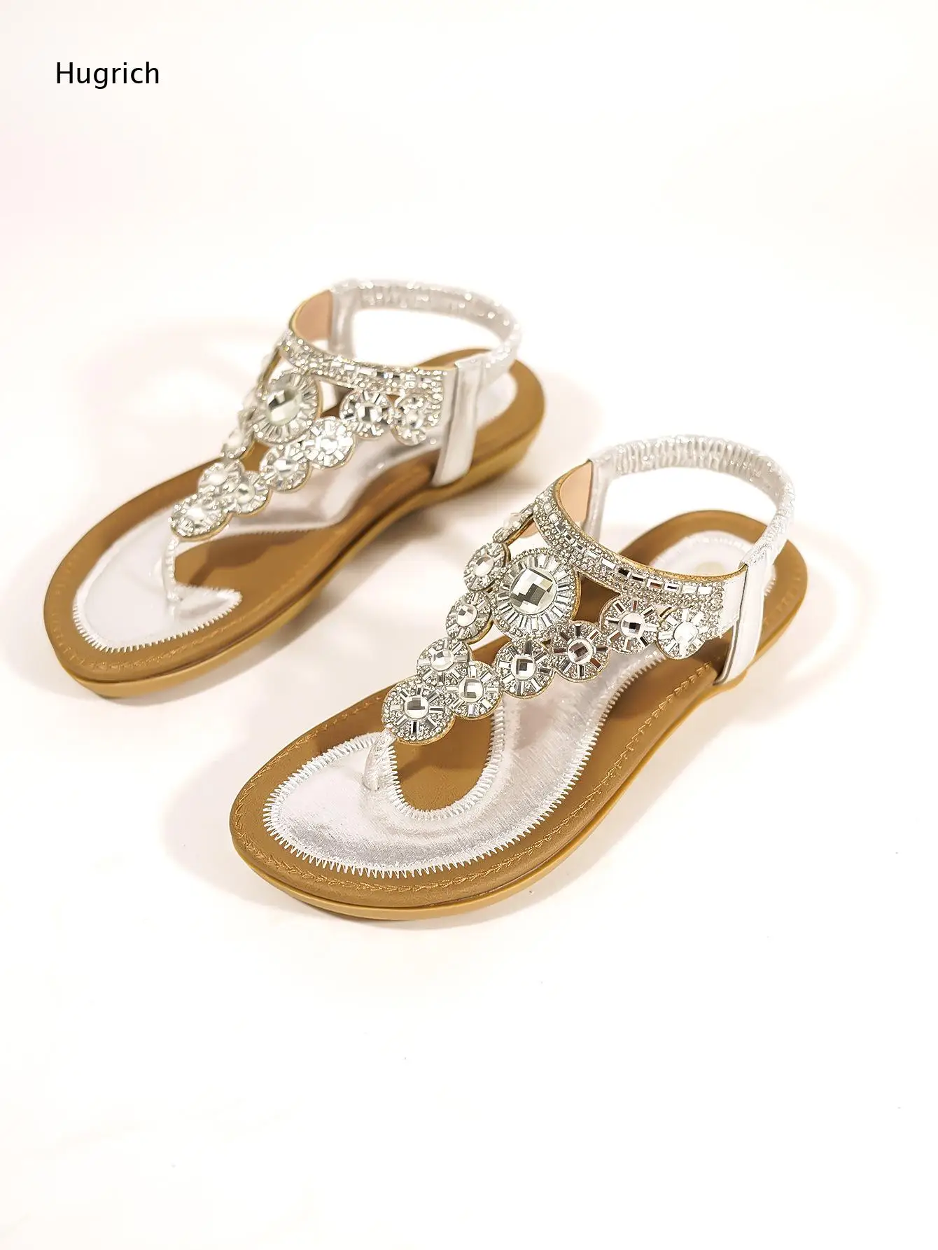 Crystal Flower Flat Sandals Clear Rhinestone Ornament Adjustable Ankle Buckle Band Flexible Cushioned Insole view 2