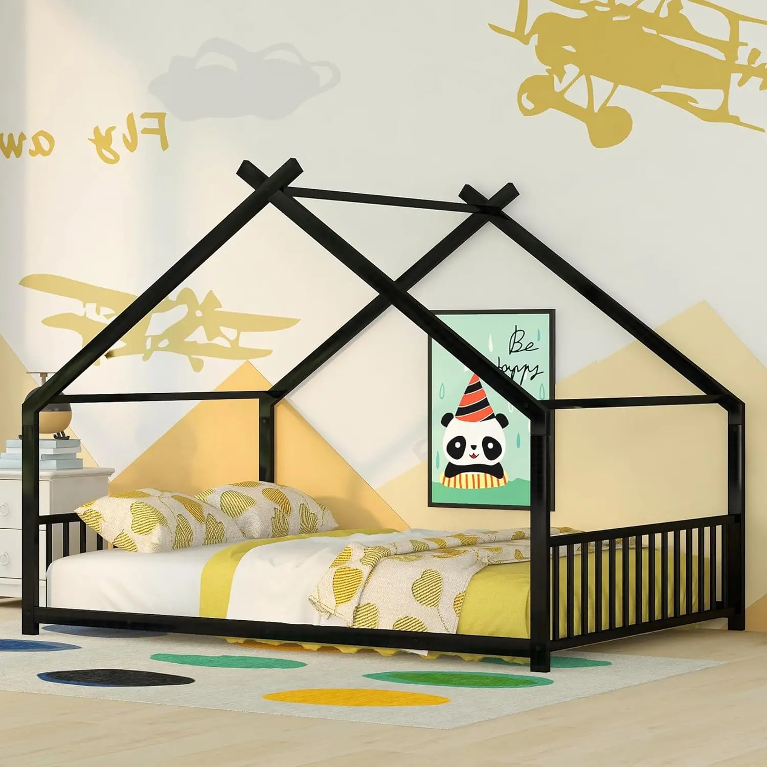 

Floor Bed Frame Metal Montessori Beds with Headboard & Footboard for Children Boys Girls Teens, Black