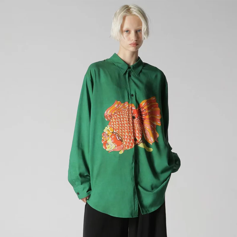 

YAMAMOTO-Style Shirt HighQuality Goldfish Pattern Print Top Shirt For Men And Women Owens Loose Casual Green Long Sleeve Shirt