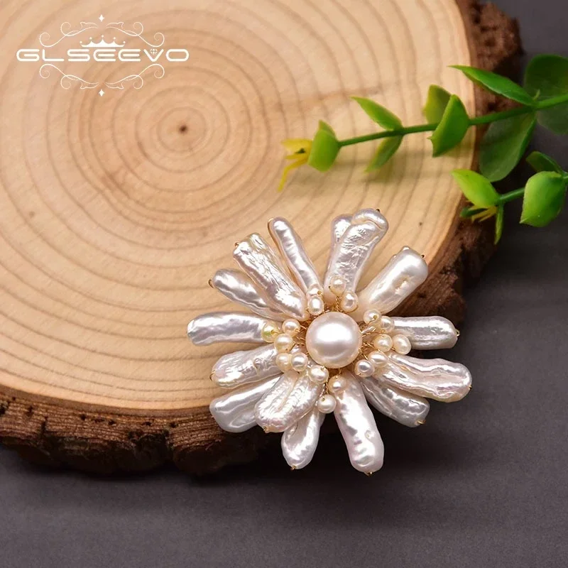 GLSEEVO Original Design Natural Baroque White Pearls Flower Brooches For Women Party Lovers Gifts Girls Vintage Jewellery GO0362