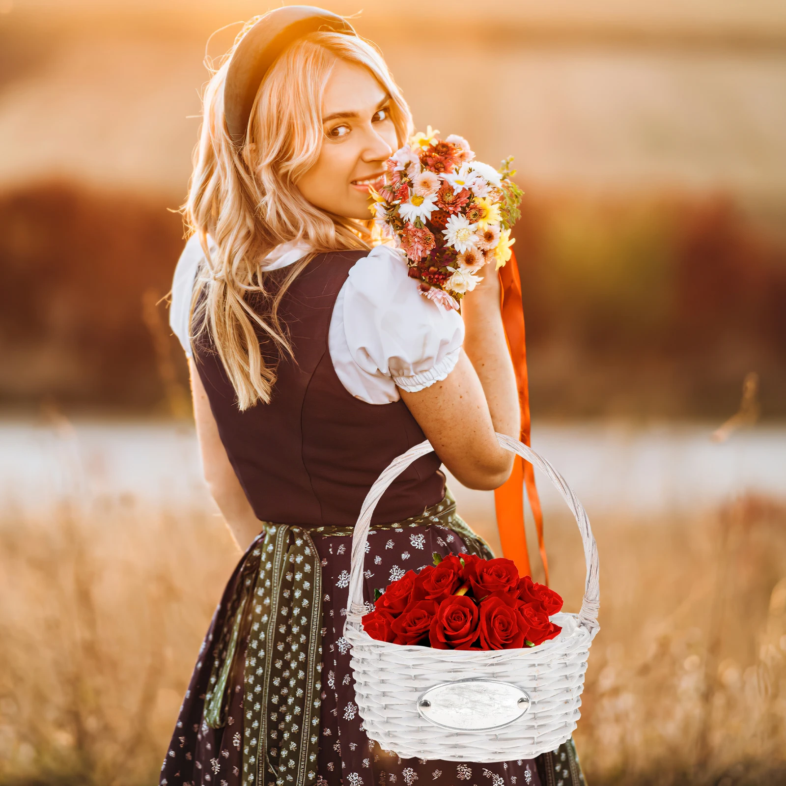 

Wicker Flower Basket White Portable Bride Baskets Storage Container Woven Photo Props Fruit Basket Lightweight Reusable Wedding