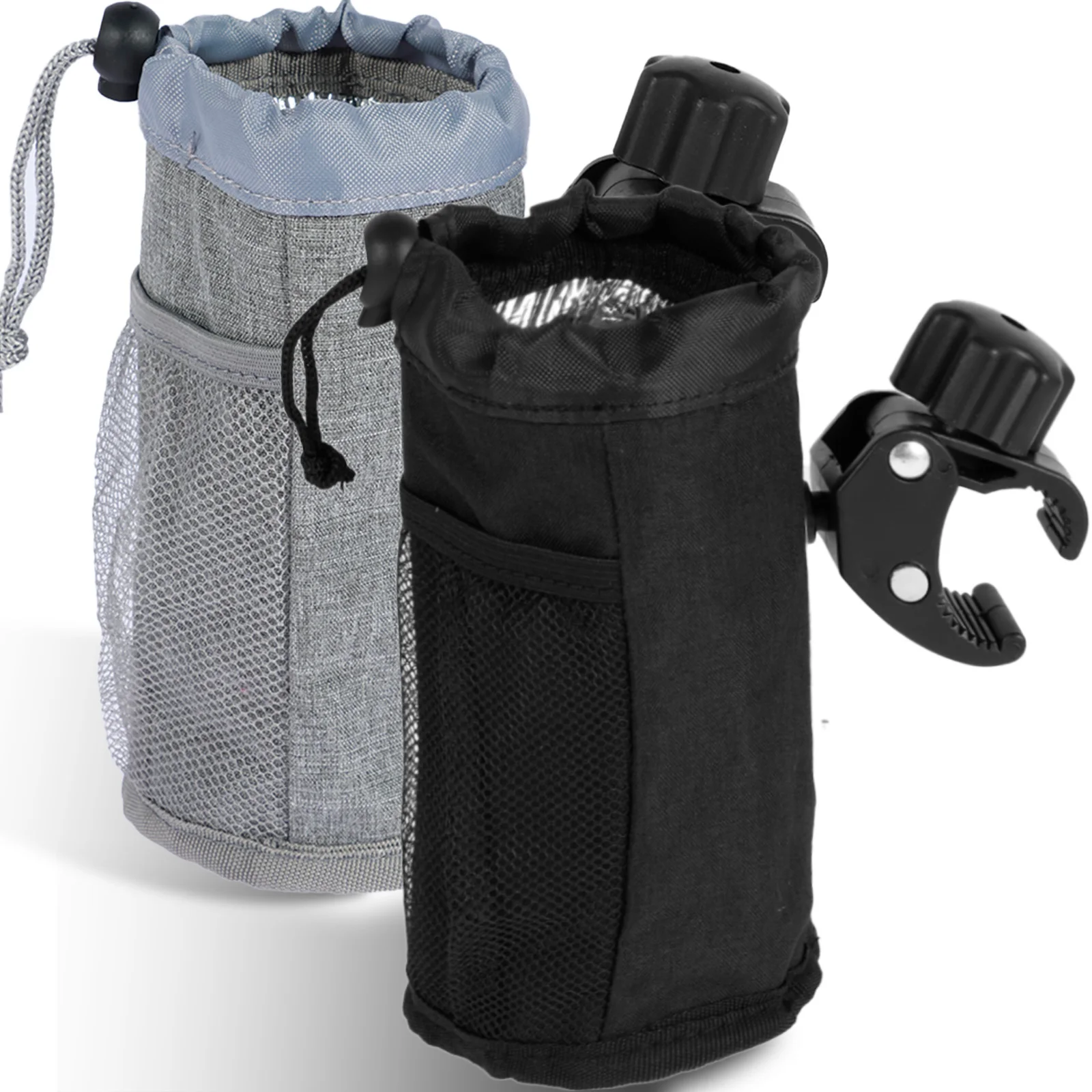 2Pcs Bike Cup Holder with Adjustable Clamp Oxford Cloth Motorcycle Insulated Cup Holder with Mesh Pockets Universal Water Bottle