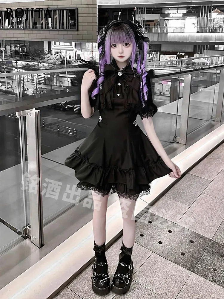 

Short Set Ruffle Lace Kawaii Outfit Y2K Subculture Lace Dress Spring Summer Black and Striped Long-sleeved Dress Two-piece Set