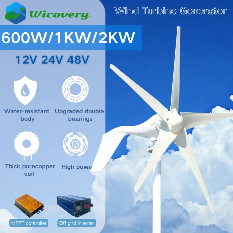 China Factory Dynamo Horizontal Wind Turbine Electric Power Generator 2000W 1000W 12V 24V 48V With Mppt Controller For Homeuse