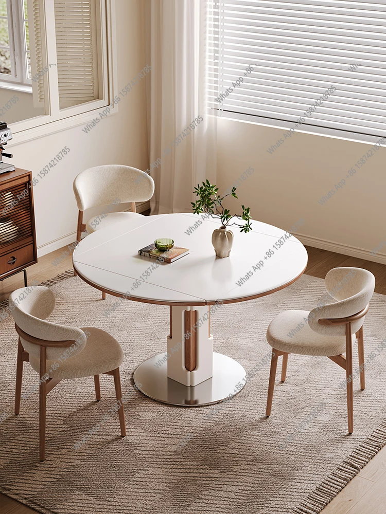 

French household small apartment retractable folding rock slab dining table new solid wood dining table variable round table
