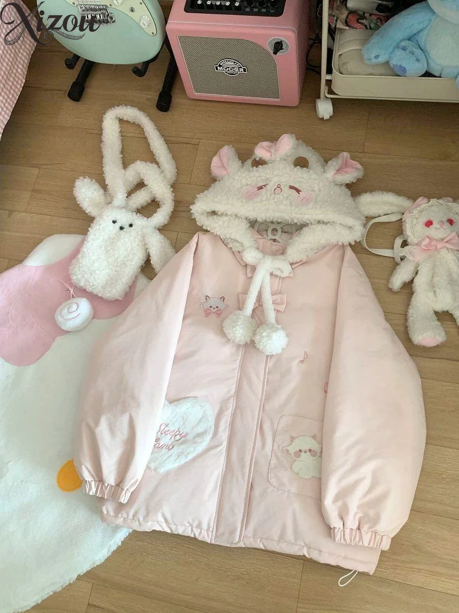 

Women Pink Cat Ear Hood Padded Cotton Coat Cartoon Embroidery Heart Pocket Pom Pom Drawstring Sweet Winter Warm Outerwear 2026