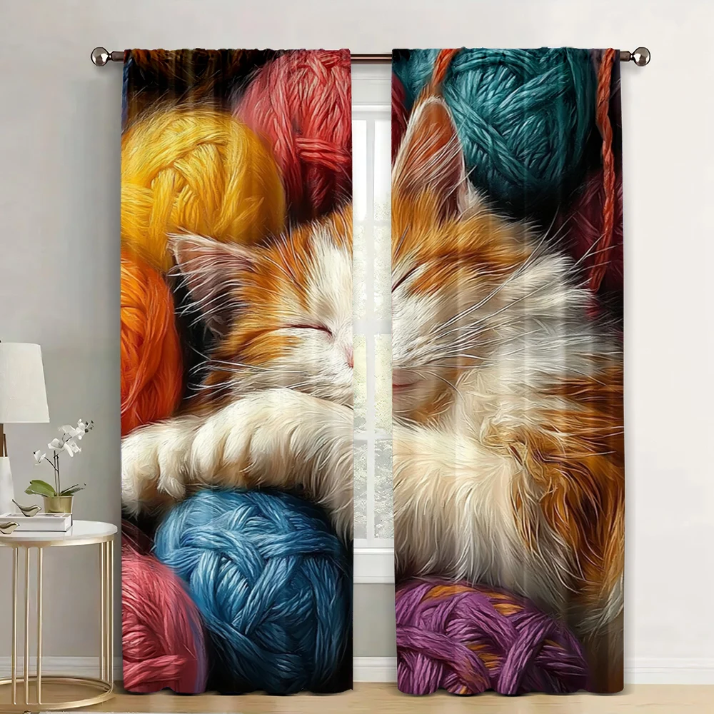 

2pc, Scene Curtains Cat sleeping in ball of wool Versatile 100% Polyester,Without Electricity Birthday Party Suitable for