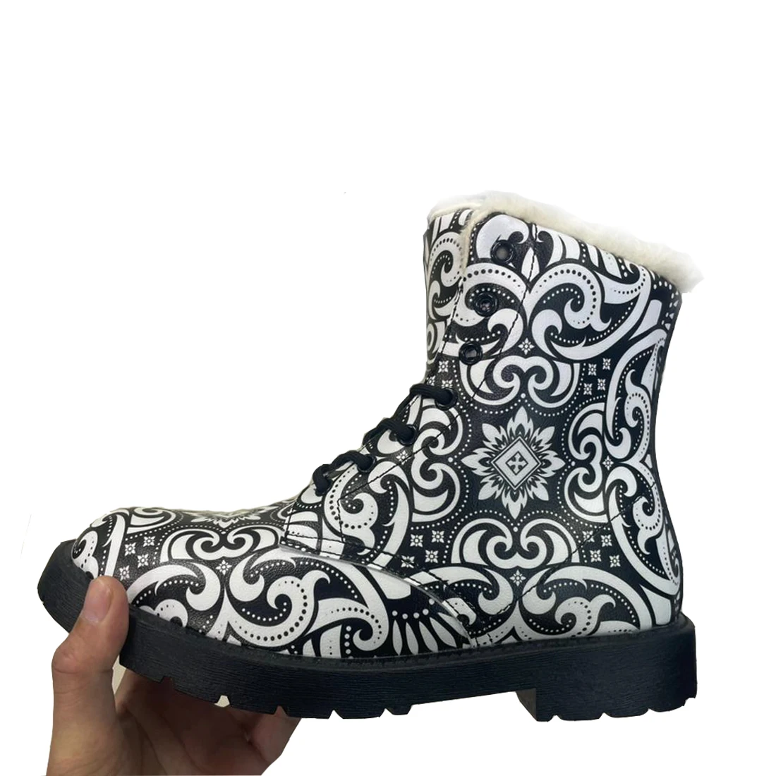 

Customizable black and white patterned printed fleece-lined warm winter casual boots for men and women