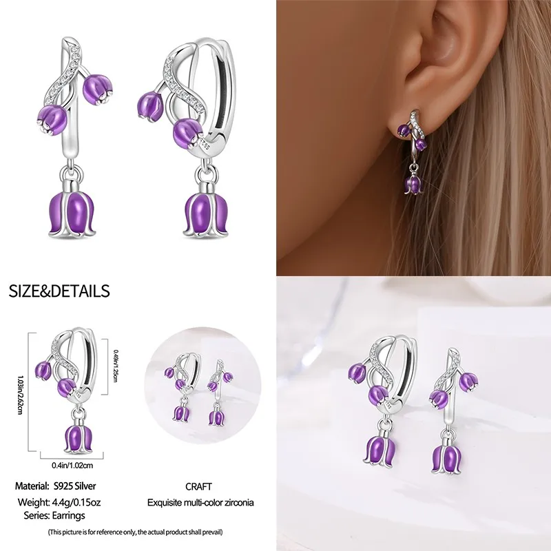 2025 New100% 925 Sterling Silver Purple Lily of the Valley Vine Fashion Daisy Earrings DIY Jewelry Making For Women Gift