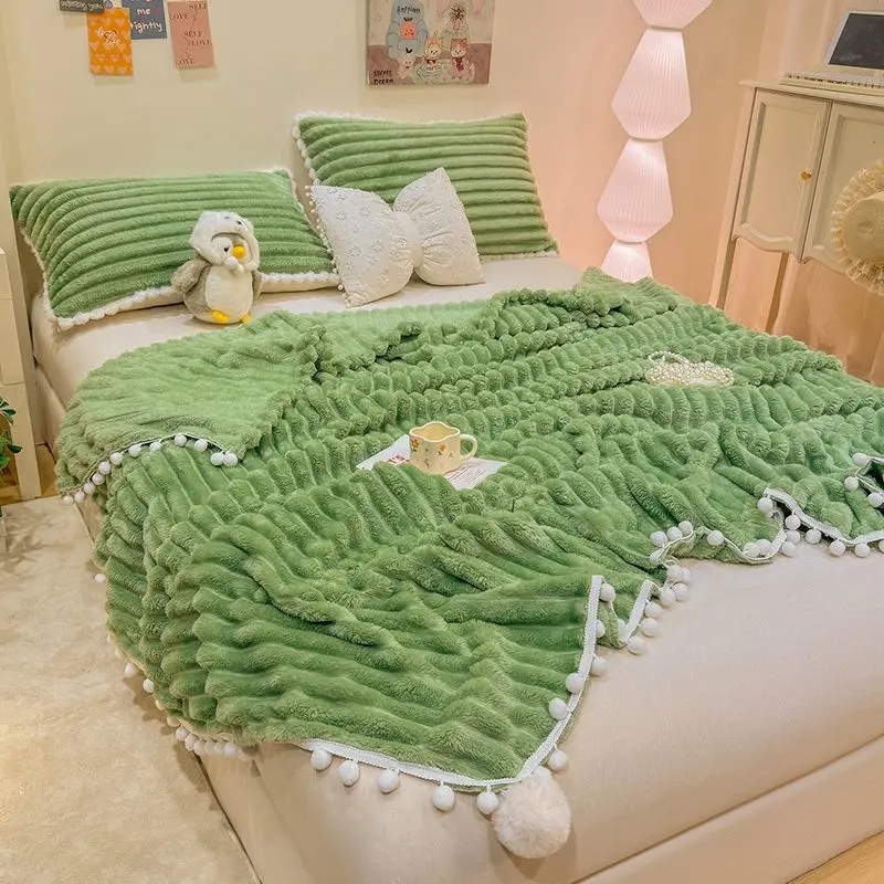 Cream Striped Plush Throw Blanket Soft Fuzzy Flannel With White Pom Poms Cozy Warm For Bed Sofa Couch Office Travel Adults Kids