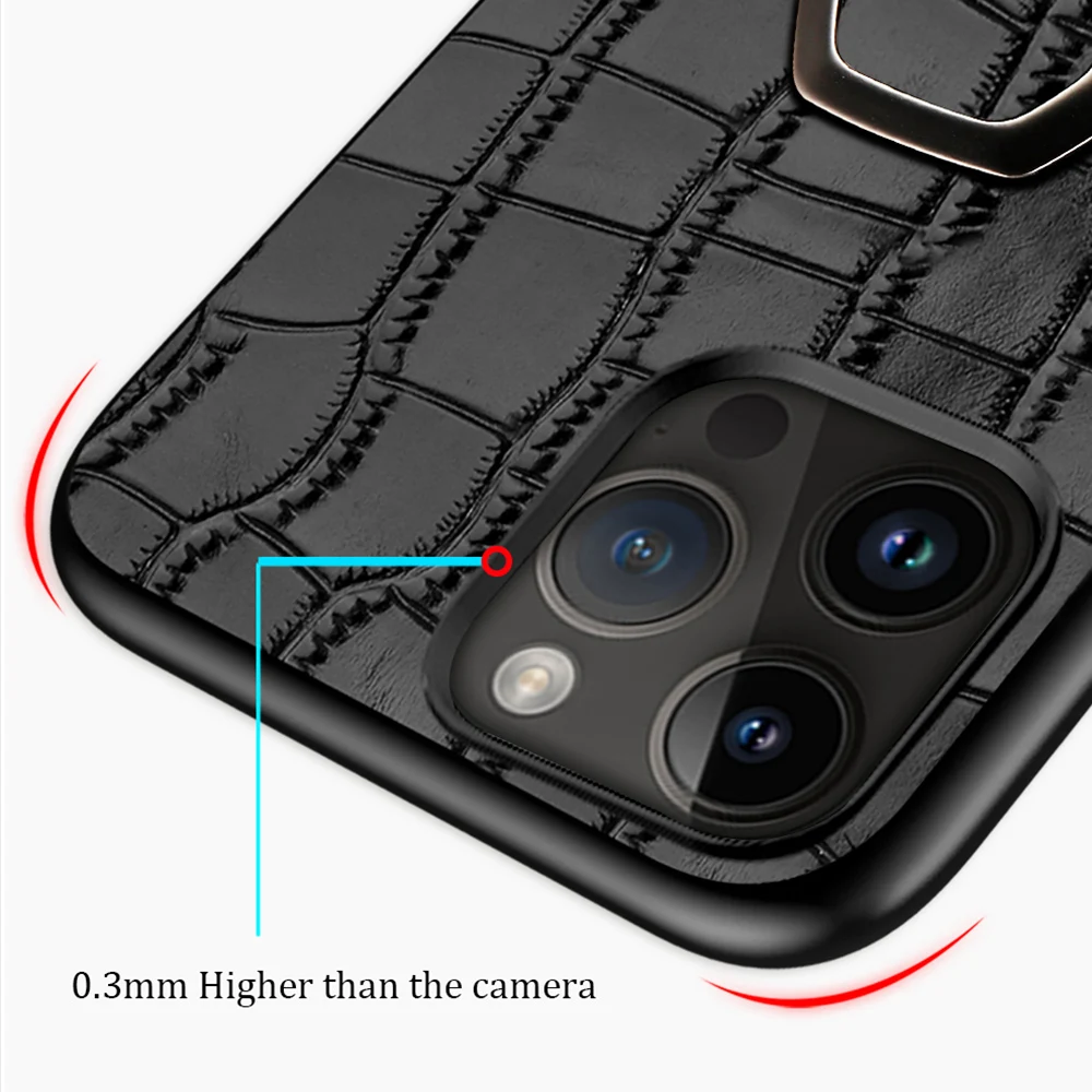 Genuine Leather Phone Case for Apple iPhone 15 14 Pro Max 15Pro 14Pro 13Pro Max Bracket Back Cover with Ring